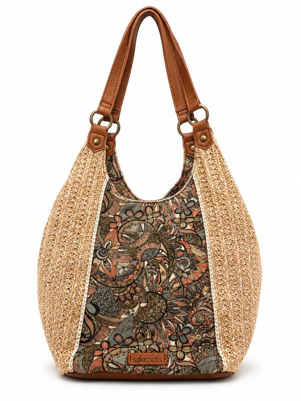 Sakroots Floral Straw Hobo with Tan Handles